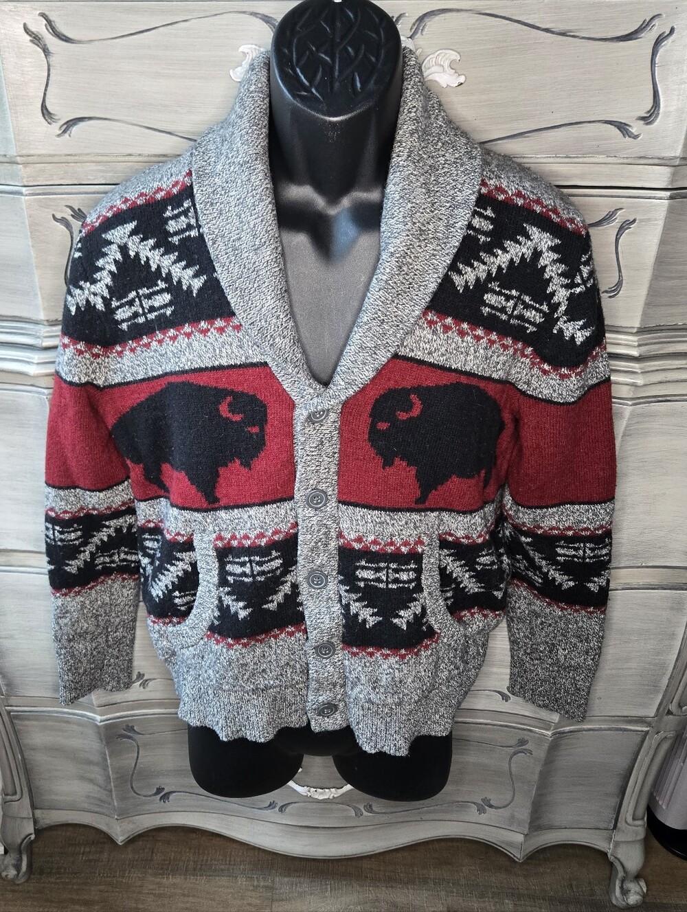 Mossimo Supply Co. Shawl Collar Buffalo Pattern Cardigan - Red/Gray/Black